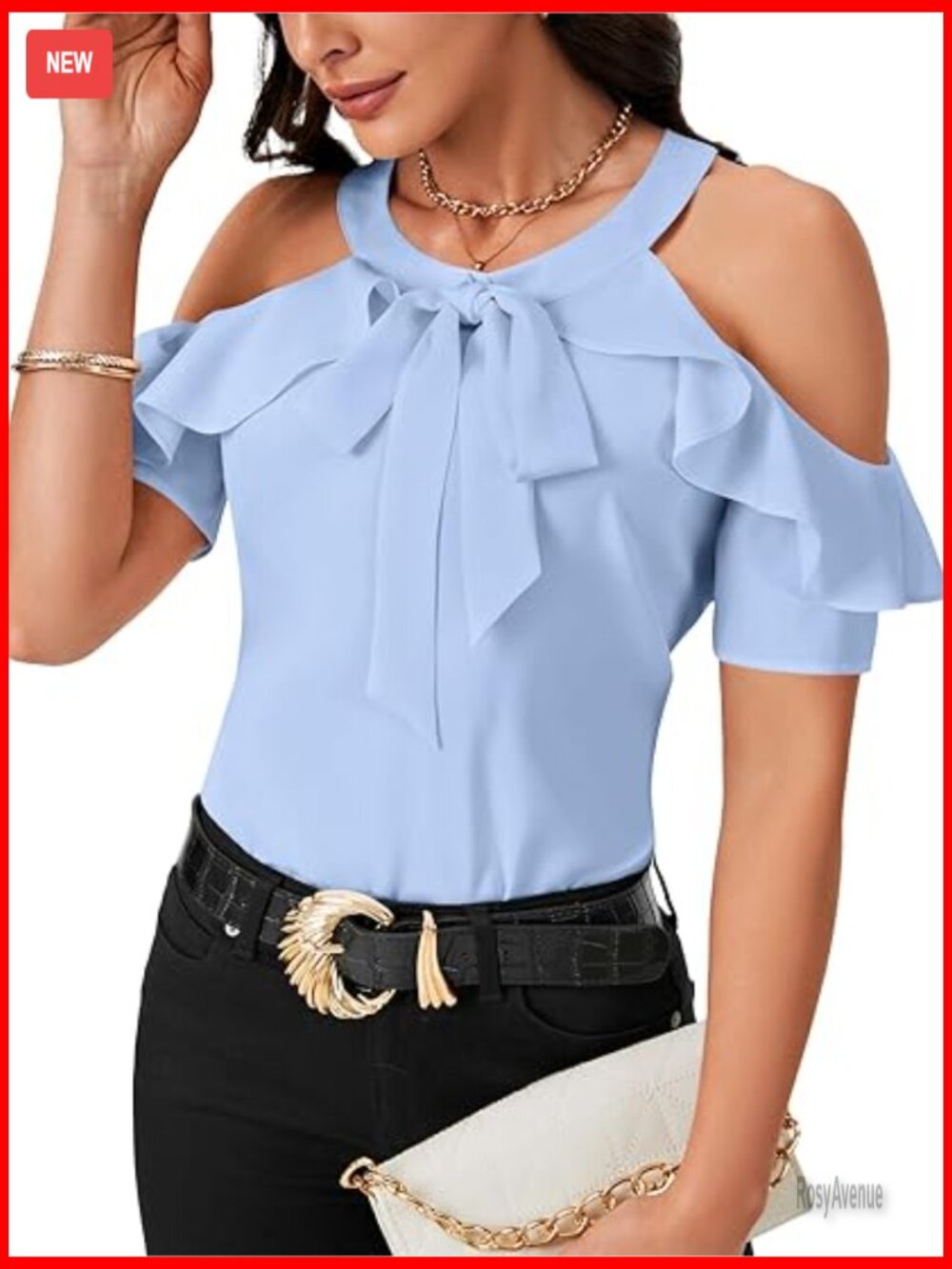 Cold Shoulder Tie Knot Blouse with Keyhole Back - Ruffle Hem